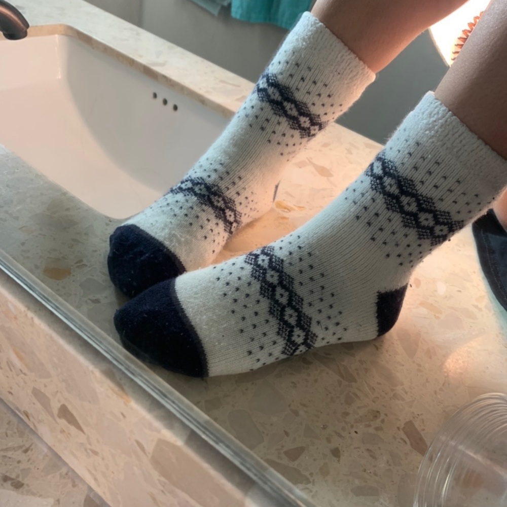 soft blue and white fuzzy socks